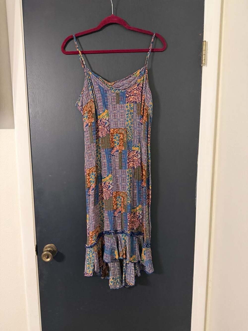 Scarlett Bohemian Patchwork Print Midi Dress with Ruffle Hem